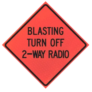 Blasting Turn Off 2-way Radio 36" Marathon™ Roll-up Sign